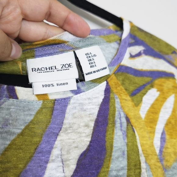 RACHEL ZOE 100% Linen Short Sleeve Multi Color Leaf Blouse, Button Back w/ Vent - Picture 3 of 15